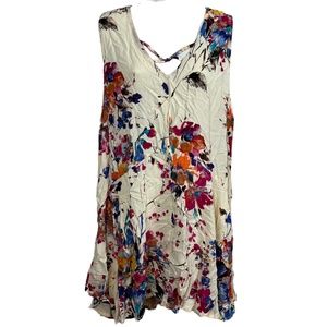 UMGEE USA Cream Blue Floral V-Neck Long Line Sleeveless Top Dress Oversized sz M